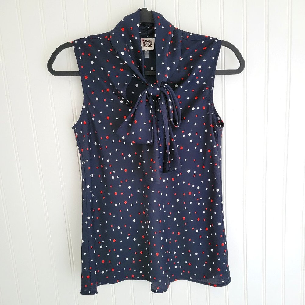 Anne Klein navy spotted tie up blouse